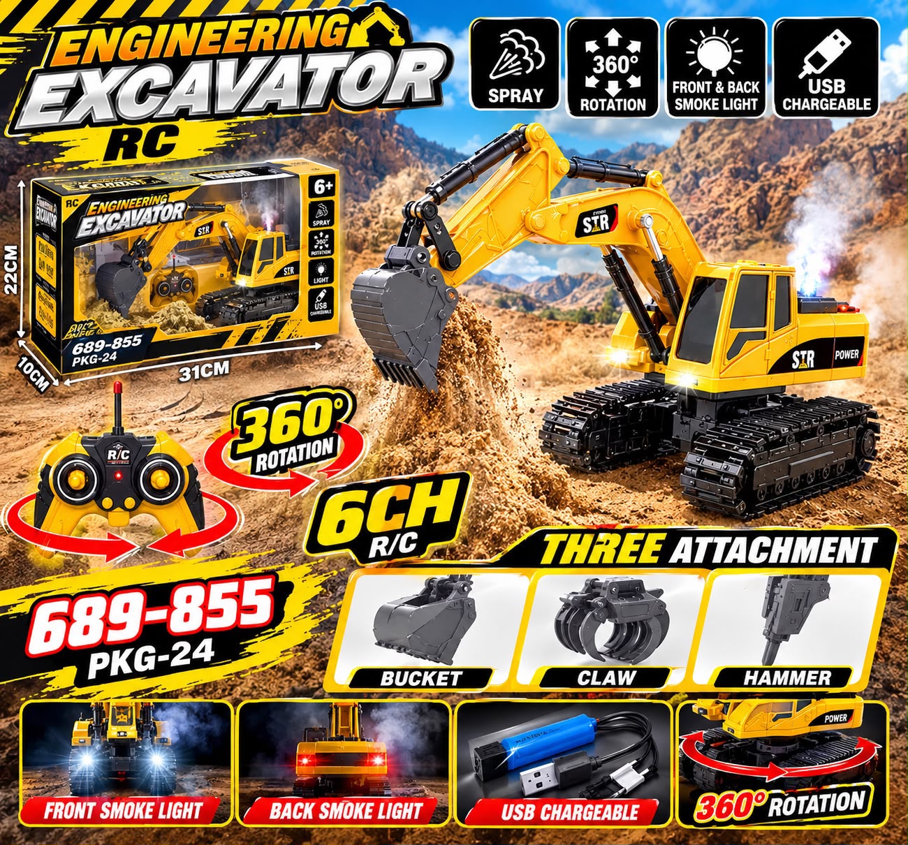 RC Excavator Toy with 360° Rotation, Smoke Light & 3 | Kidoyz